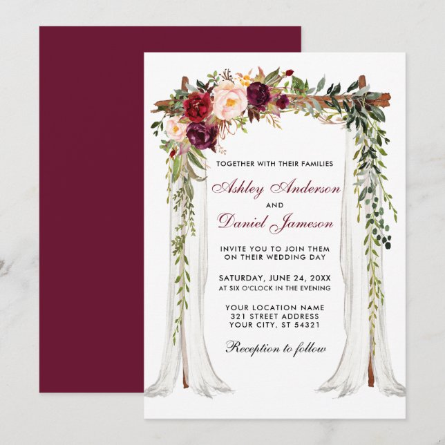 Invitation Aquarelle à canopée mariage Burgundy Arc Floral (Devant / Derrière)