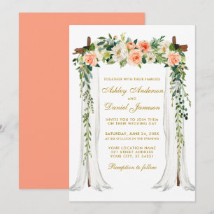 Invitation Aquarelle à canopée mariage Floral Coral Gold