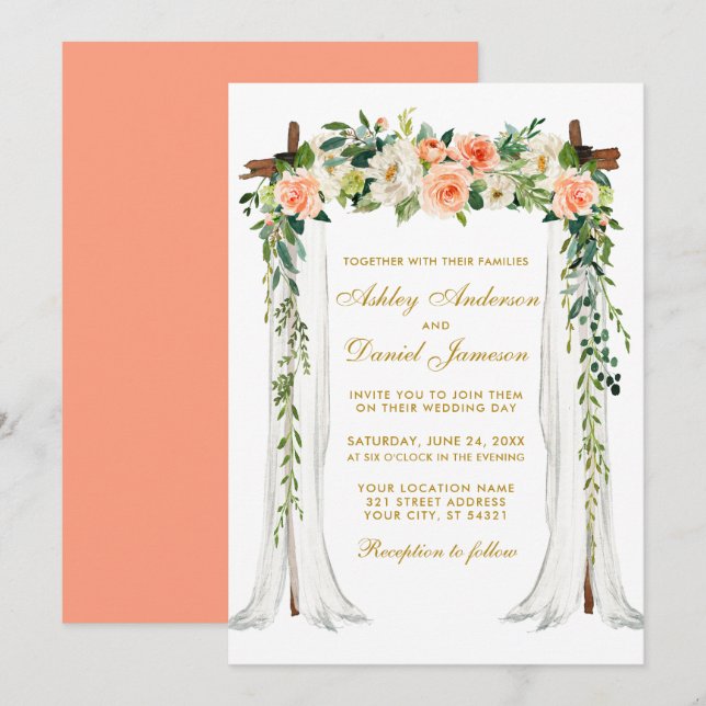 Invitation Aquarelle à canopée mariage Floral Coral Gold (Devant / Derrière)