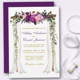 Invitation Aquarelle à canopée mariage violet or floral