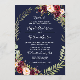 Invitation Aquarelle à couronne florale Burgundy Mariage de m