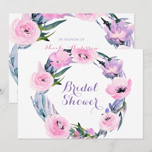 Invitation Aquarelle à couronne florale Fête des mariées élég (Devant / Derrière)