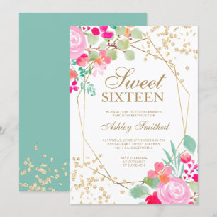 Invitation Aquarelle à fleurs rose parties scintillant or Swe