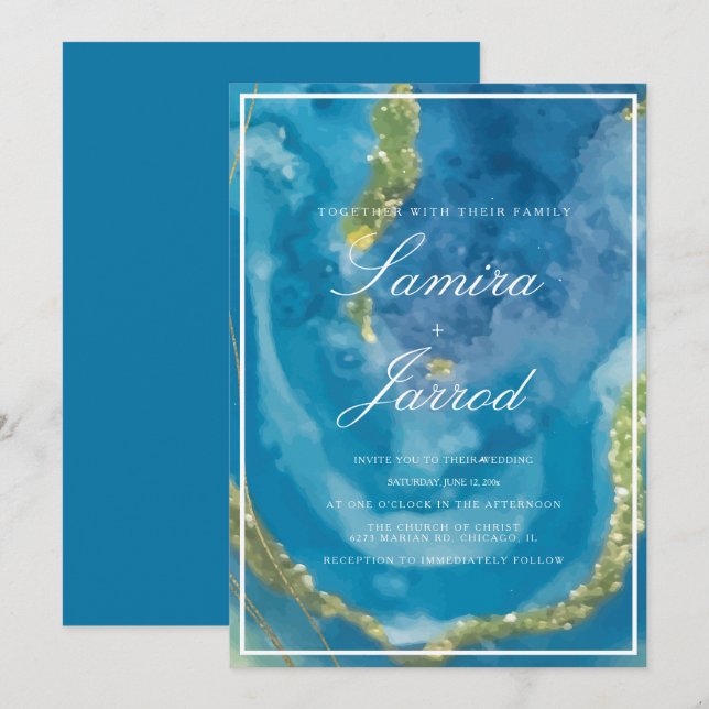 Invitation Aquarelle à main bleue Agate Mariage or Faux (Devant / Derrière)