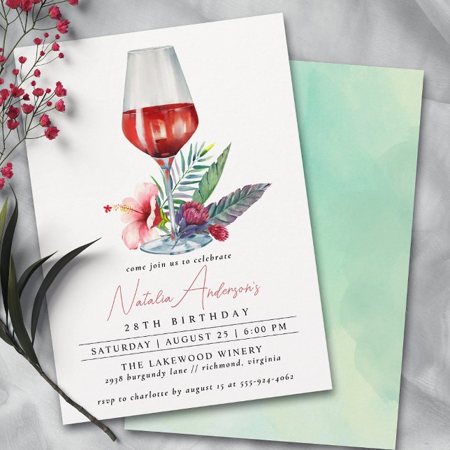 Invitation Aquarelle à vin de fleurs | Anniversaire des femme (Créateur téléchargé)