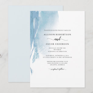 Invitation Aquarelle Abstrait Bleu Blanc Floral Mariage Chic