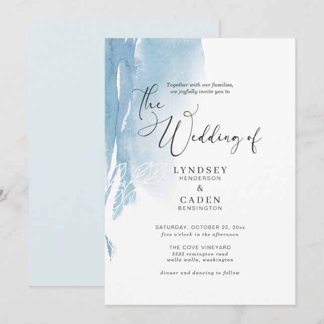 Invitation Aquarelle Abstrait Bleu Blanc Floral Mariage Invi (Devant / Derrière)
