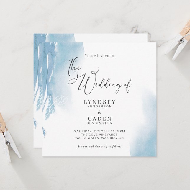 Invitation Aquarelle Abstraite bleu poussière Floral Mariage  (Devant/Arrière en situation)
