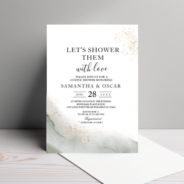 Invitation Aquarelle Abstraite Traits de Pinceau Verts & Or  (Créateur téléchargé)