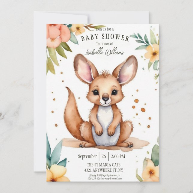 Invitation Aquarelle adorable Petit Baby shower Kangaroo (Devant)
