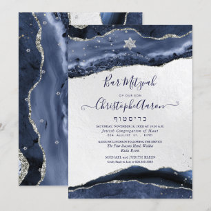 Invitation Aquarelle Agate, Bleu Minuit Barre Argent Mitzvah