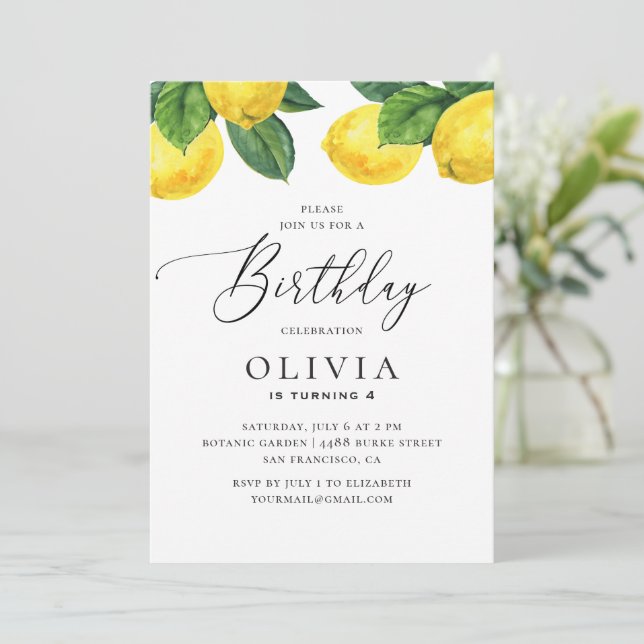 Invitation Aquarelle agrumes jardin citron anniversaire de en (Debout devant)