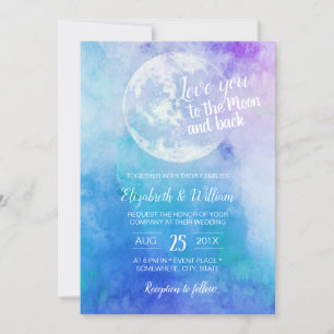 Invitation Aquarelle Aimez-vous à la Lune et Mariage arrière