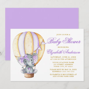 Invitation Aquarelle Air Balloon Elephant Purple Baby shower