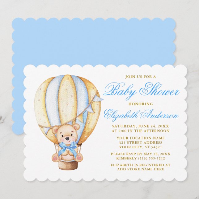 Invitation Aquarelle Air Balloon Teddy Bear Baby shower bleu (Devant / Derrière)