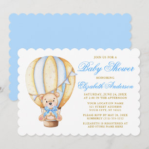 Invitation Aquarelle Air Balloon Teddy Bear Baby shower bleu