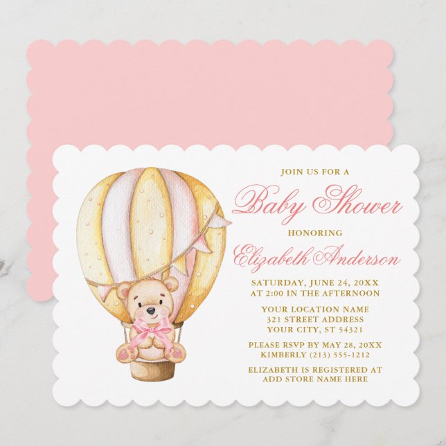 Invitation Aquarelle Air Balloon Teddy Bear Baby shower rose (Devant / Derrière)
