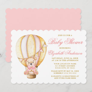 Invitation Aquarelle Air Balloon Teddy Bear Baby shower rose