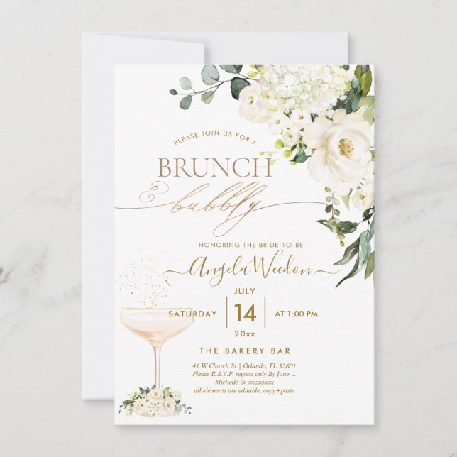 Invitation Aquarelle Albâtre Roses Brunch Bubbly (Devant)