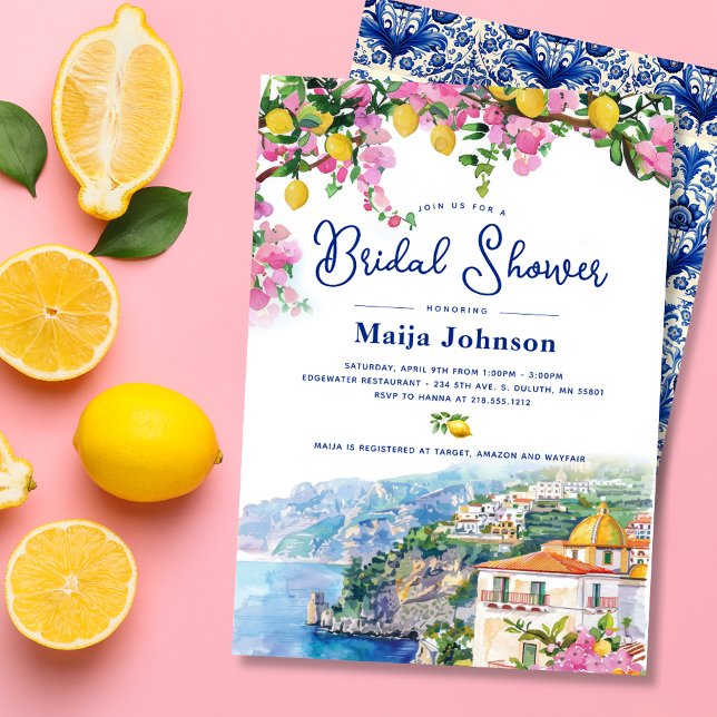 Invitation Aquarelle Amalfi Coast Fête des mariées citrons ro (Watercolor Amalfi Coast Pink Lemons Bridal Shower Invitation)