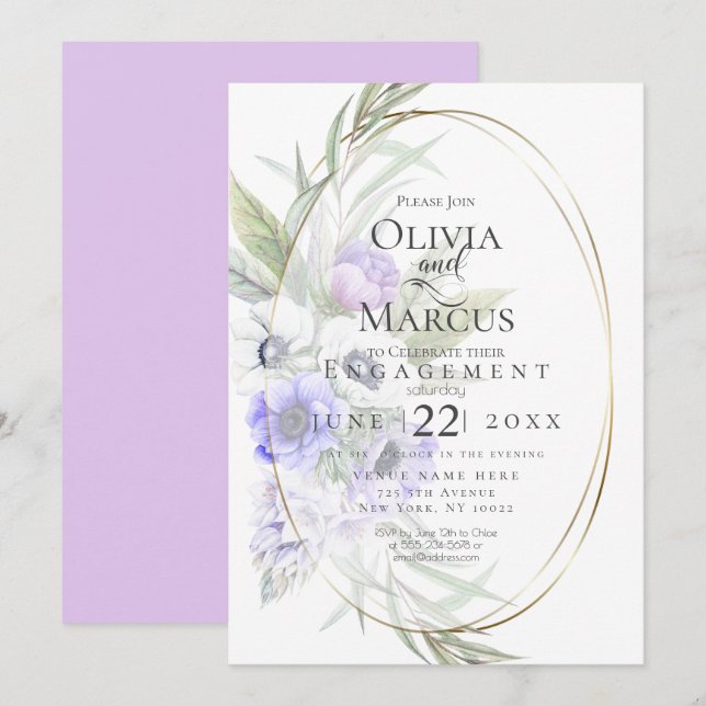 Invitation Aquarelle Anémone Violette Cadre Ovale Floral (Devant / Derrière)