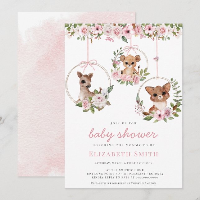 Invitation Aquarelle animale boisée Baby shower floral rose (Devant / Derrière)