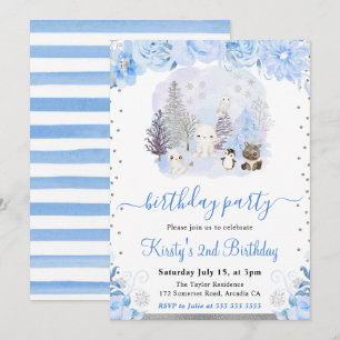 Invitation Aquarelle Animaux Arctiques Floral Anniversaire