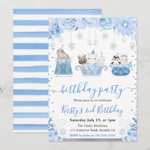 Invitation Aquarelle Animaux Arctiques Floraux Anniversaire