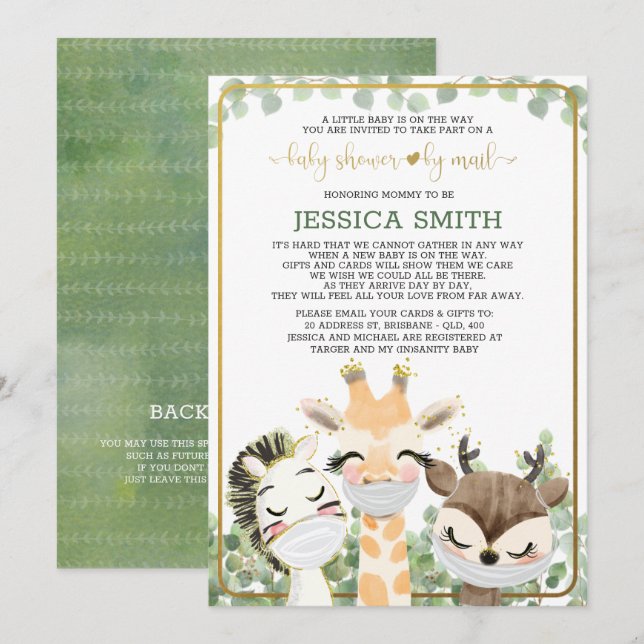 Invitation Aquarelle Animaux Dans Les Masques Baby shower Par (Devant / Derrière)