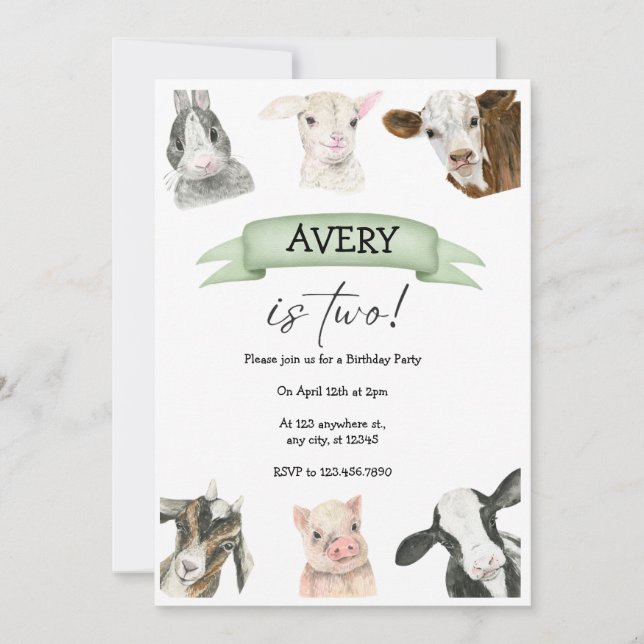 Invitation Aquarelle Animaux de ferme Anniversaire Deux ans (Devant)