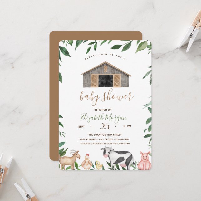 Invitation Aquarelle Animaux de ferme Baby shower stable (Devant/Arrière en situation)