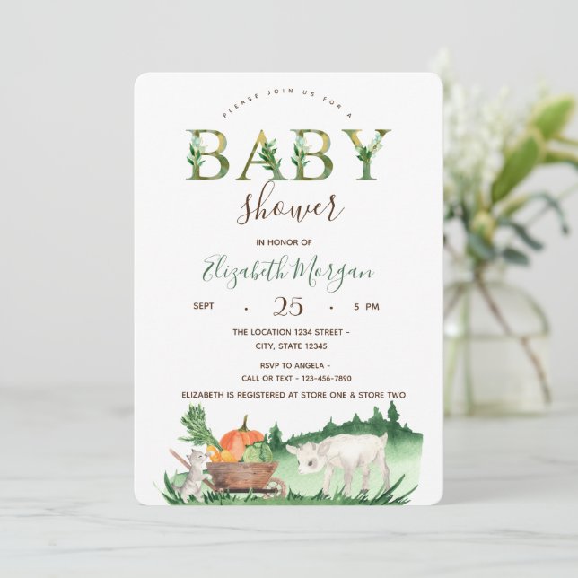 Invitation Aquarelle Animaux de ferme Mouton Baby shower de c (Debout devant)