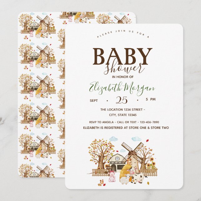 Invitation Aquarelle Animaux de ferme Stall Baby shower (Devant / Derrière)