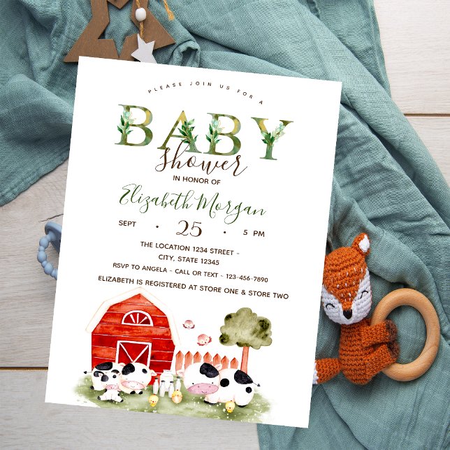 Invitation Aquarelle Animaux de ferme Vaches Poulets Baby sho (Créateur téléchargé)