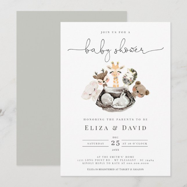 Invitation Aquarelle Animaux Faux Baby shower Or moderne (Devant / Derrière)