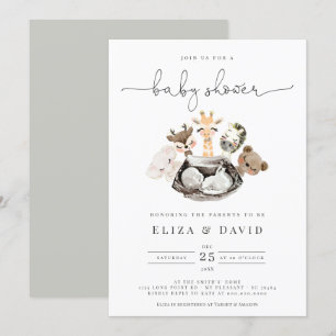 Invitation Aquarelle Animaux Faux Baby shower Or moderne