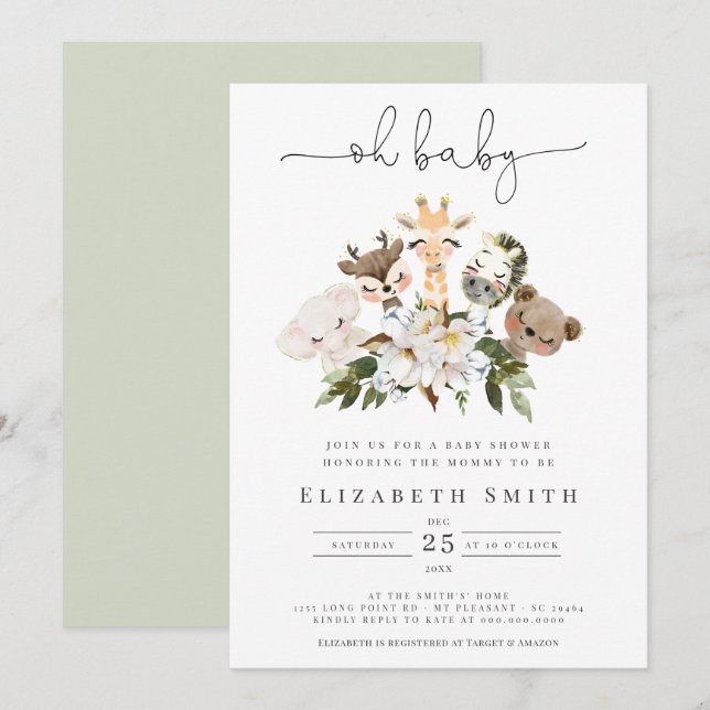 Invitation Aquarelle Animaux Faux Gold Floral Oh Baby shower (Devant / Derrière)