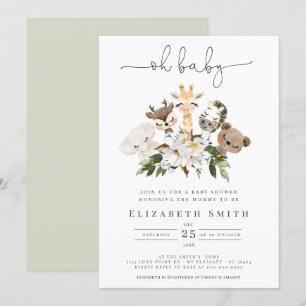 Invitation Aquarelle Animaux Faux Gold Floral Oh Baby shower
