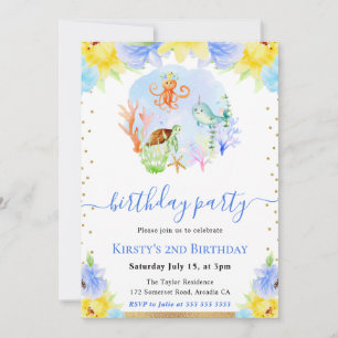 Invitation Aquarelle Animaux sous-marins fête d'anniversaire