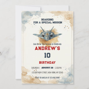 Invitation Aquarelle Anniversaire Avion de Chasse Furtif