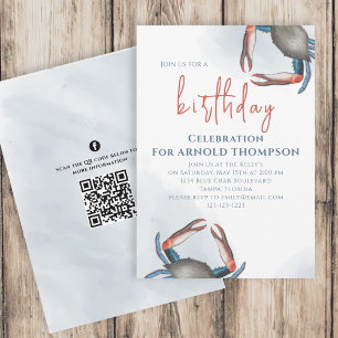 Invitation Aquarelle Anniversaire Crabe Bleu QR Code Médias s