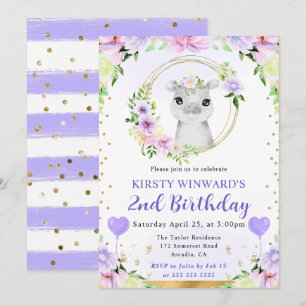 Invitation Aquarelle Anniversaire Enfants Hippopotame Mignon 