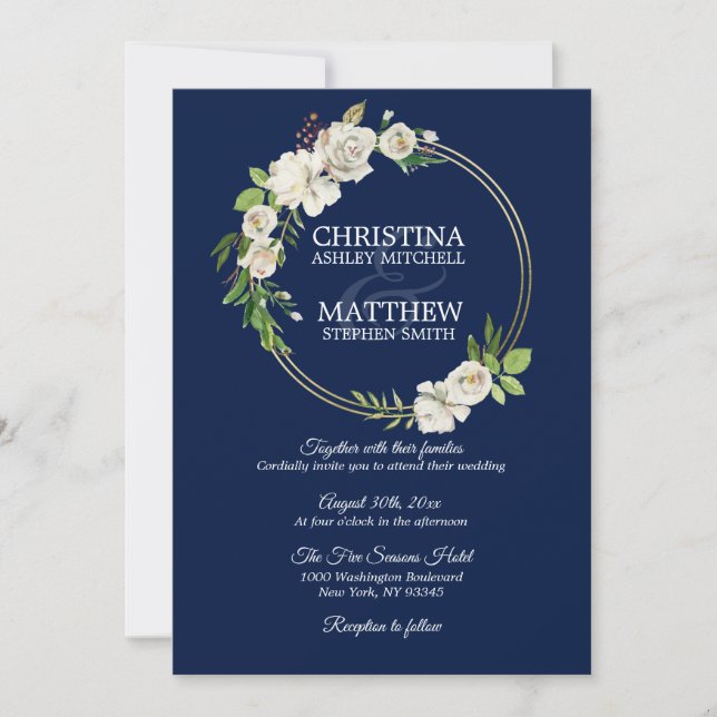 Invitation Aquarelle Antique Blanc Floral MARIAGE bleu marine (Devant)