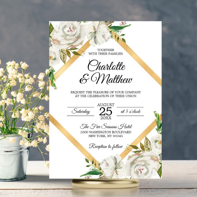 Invitation Aquarelle Antique Blanc Or Floral Mariage (Watercolor Antique White Gold Floral Wedding Invitation)