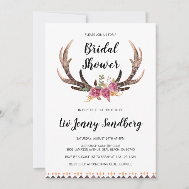 Invitation Aquarelle Antlers Bohemian Country Fête des mariée (Devant)