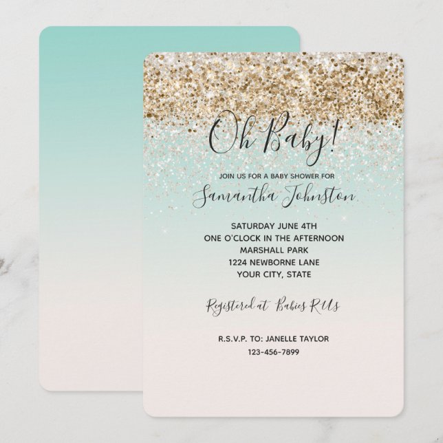Invitation Aquarelle Aqua Ombre or confetti blanc parties sci (Devant / Derrière)