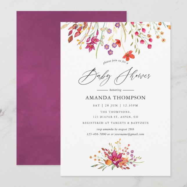 Invitation Aquarelle Aquarelle Fleur sauvage Baby shower (Devant / Derrière)