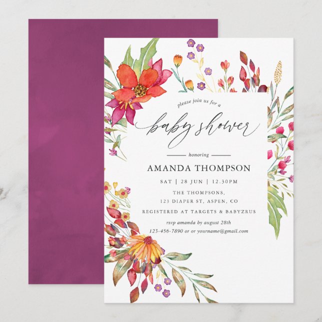 Invitation Aquarelle Aquarelle Fleur sauvage Baby shower (Devant / Derrière)