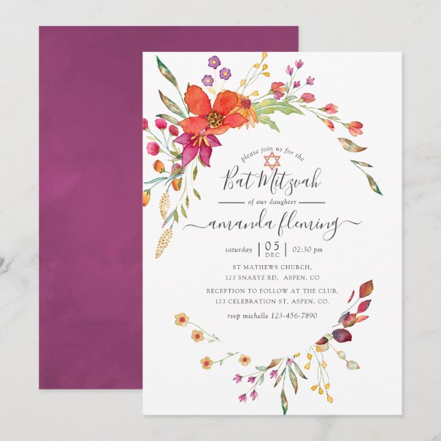 Invitation Aquarelle Aquarelle Fleur sauvage Bat mitzvah (Devant / Derrière)