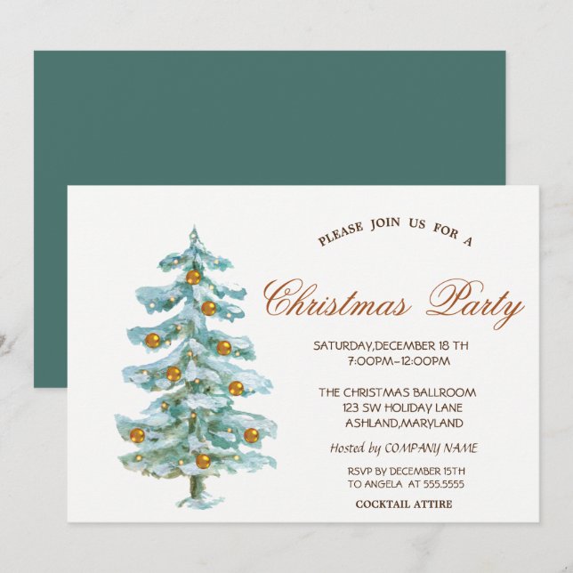 Invitation Aquarelle Arbre de Noël, Boules, Vert Entreprise (Devant / Derrière)
